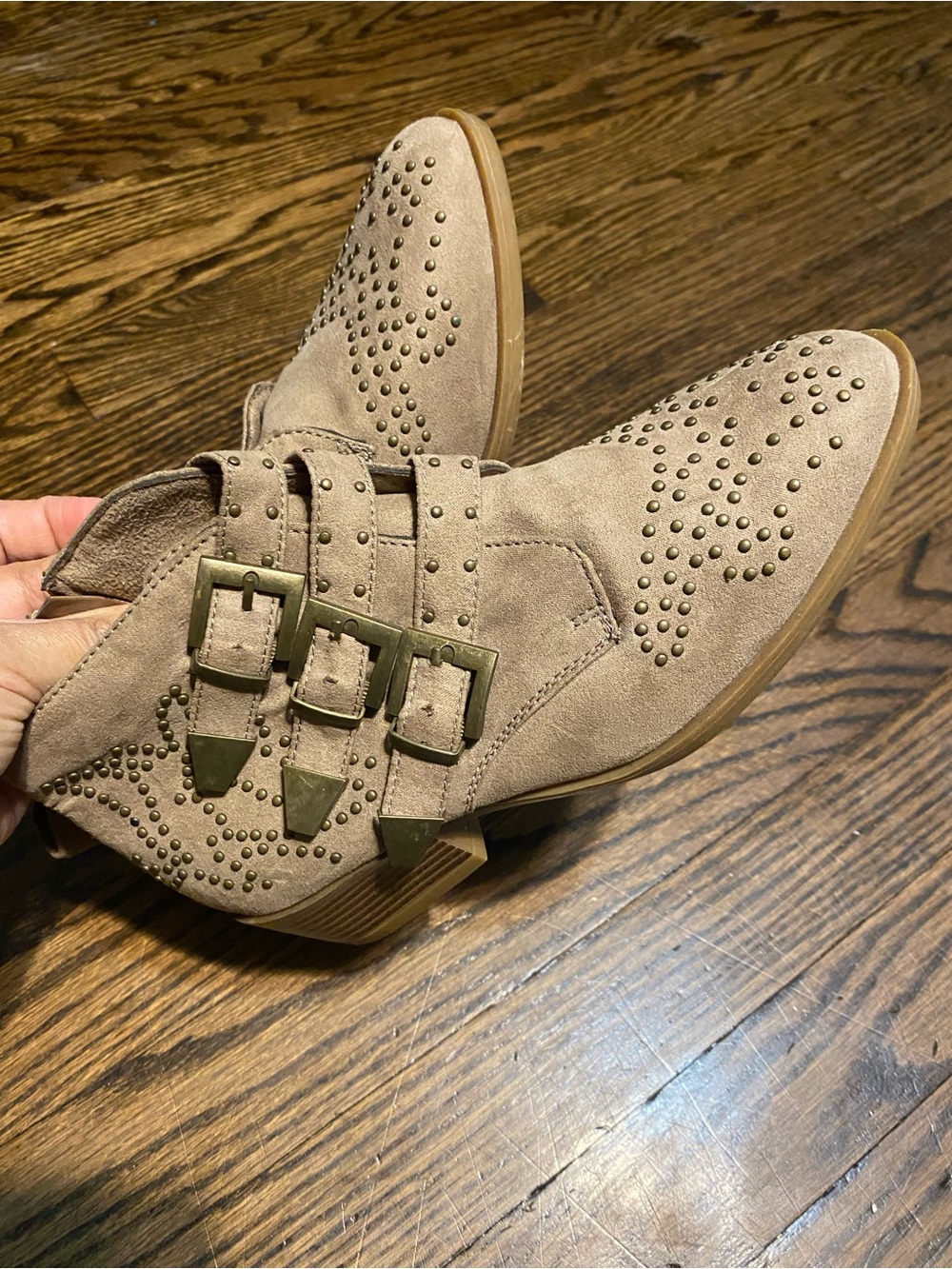 Taupe Suede Studded Ankle Booties with Triple Buckle Straps - Women